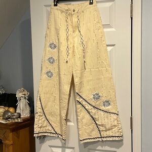 POL Cream Wide Leg Pants with Blue Accents